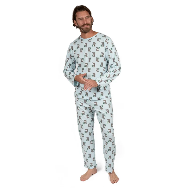 Mens Two Piece Cotton Loose Fit Pajamas Koala Blue