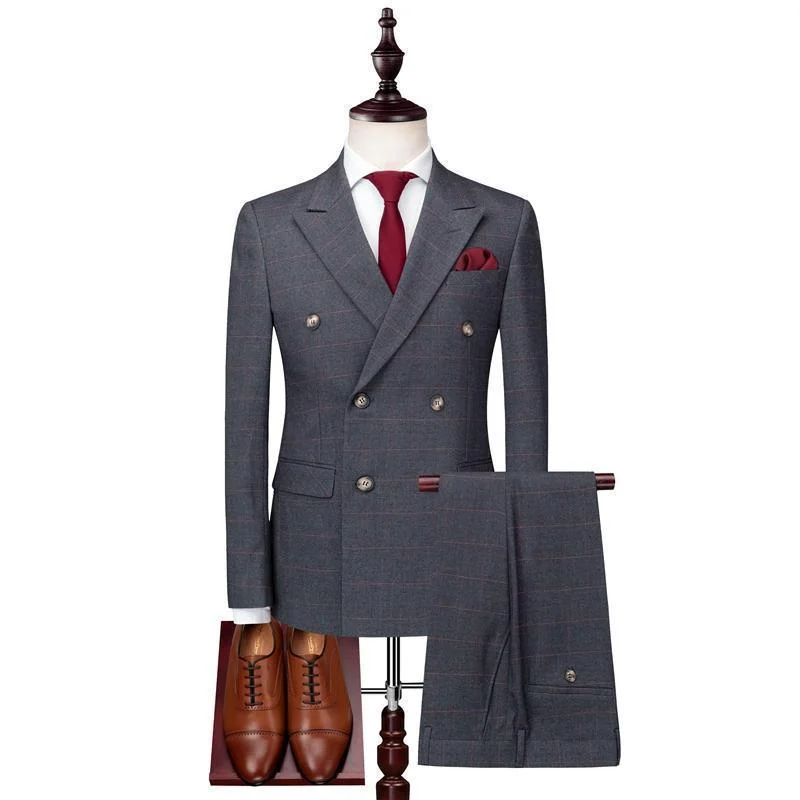 Grey Plaid Men's Suit Double Breast Suit