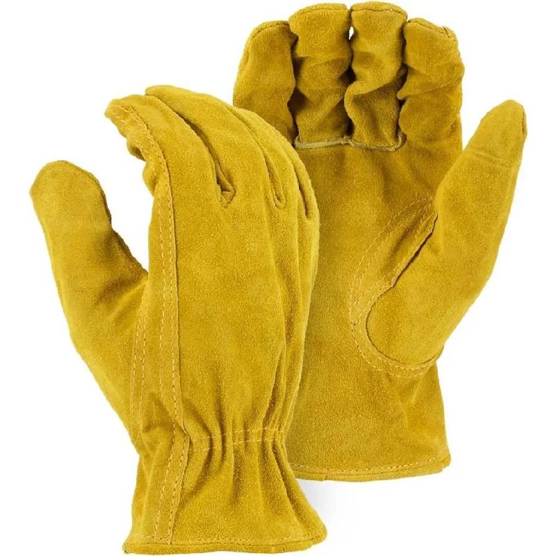 Leather Drivers Glove - Gold Shoulder Split Cowhide, Keystone Thumb, Shirred Back, Majestic (PK 12 Pairs)