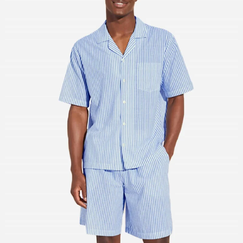 Men's Organic Sandwashed Cotton Short Pj Set In Nautico Stripe Azure