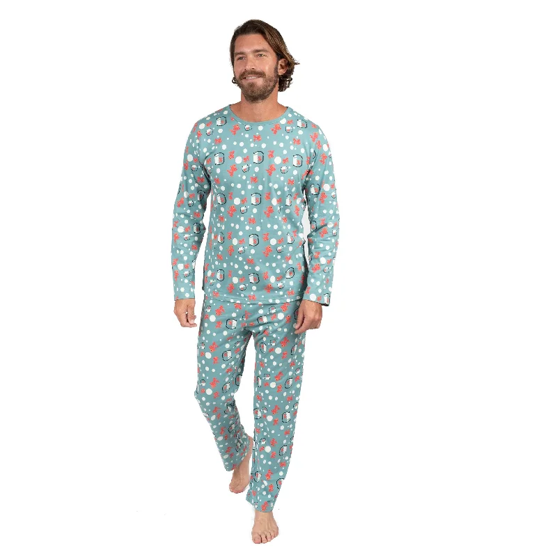 Mens Two Piece Cotton Loose Fit Pajamas Fish Tank