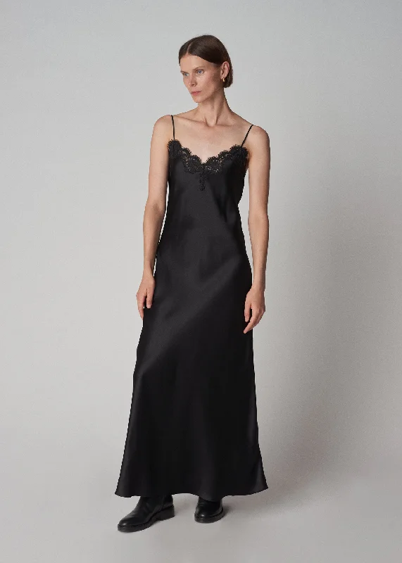 Lace Slip Dress in Silk Satin - Black