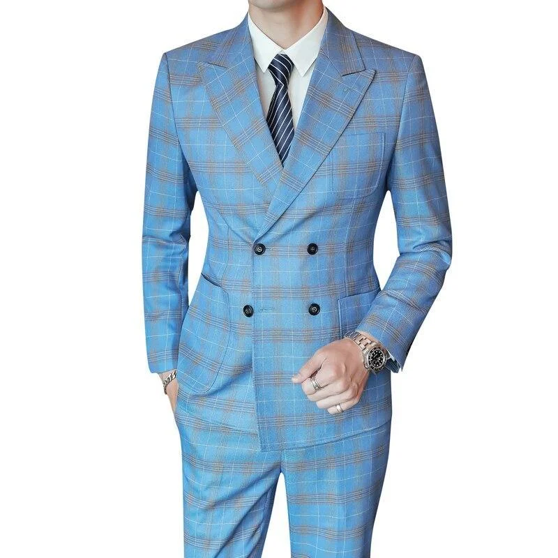 Double-Breasted Plaid Suit For Men