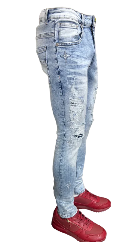 M.Society Men's Light Blue Ripped Jeans With Stars SLIM-Fit