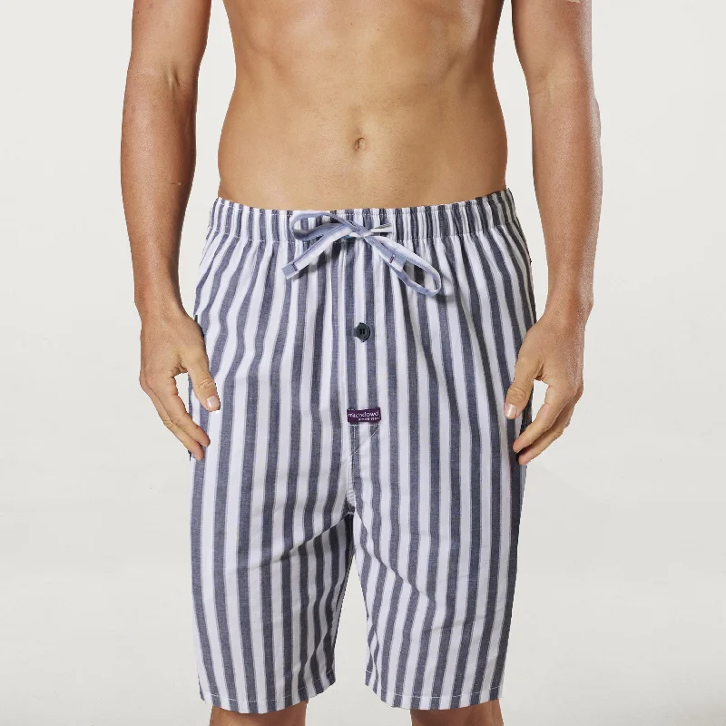 Men's White Stripes Check Cotton Long Leg Sleep Short - Navy