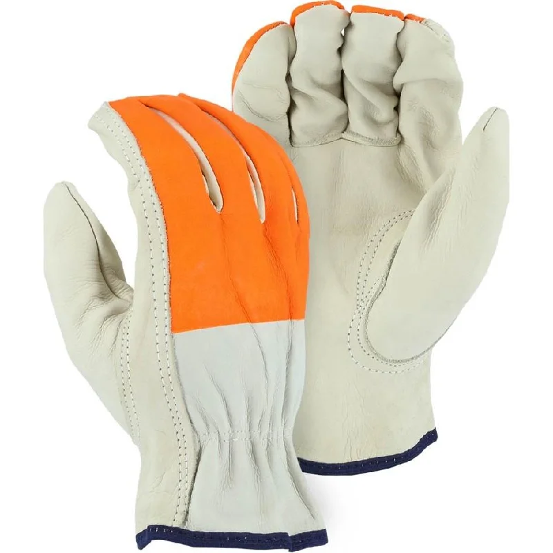 Leather Drivers Glove - BC-Grade Cowhide, Keystone Thumb, High Visibility Print Fingers, Majestic (PK 12 Pairs)