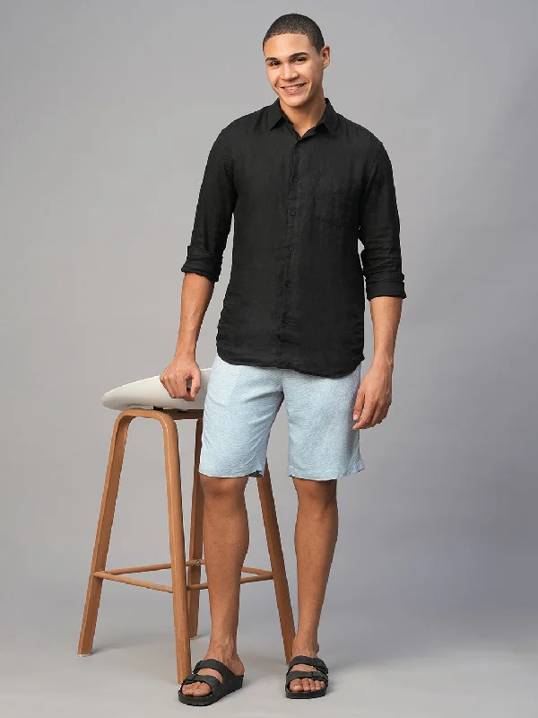 Men's Blue Viscose Linen Regular Fit Shorts