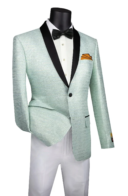 Pale aqua Metallic Stripe Slim Fit Jacket with Black Shawl Lapel