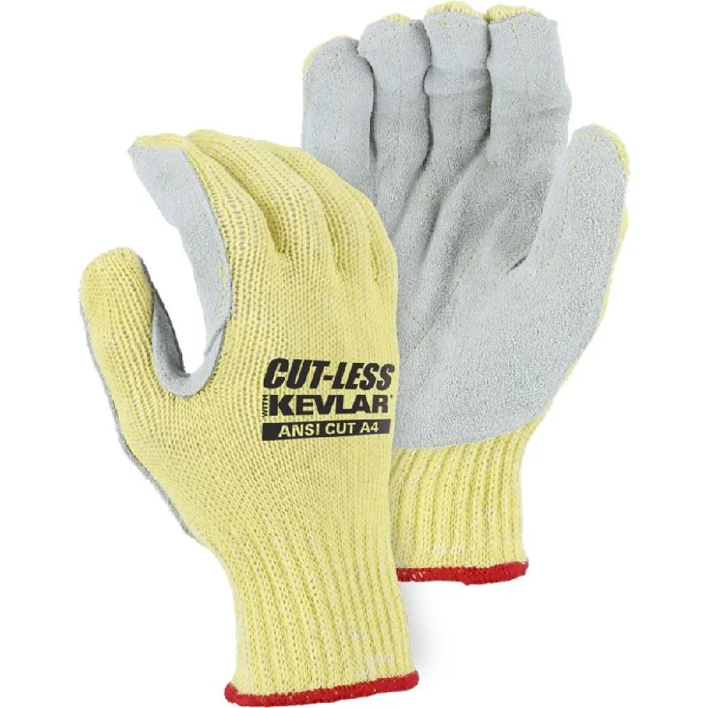 Leather Palm Glove - Split Leather, Kevlar Blend Moderate Cut Resistant, Knit Wrist, Majestic Cut-Less (PK 12 Pairs)