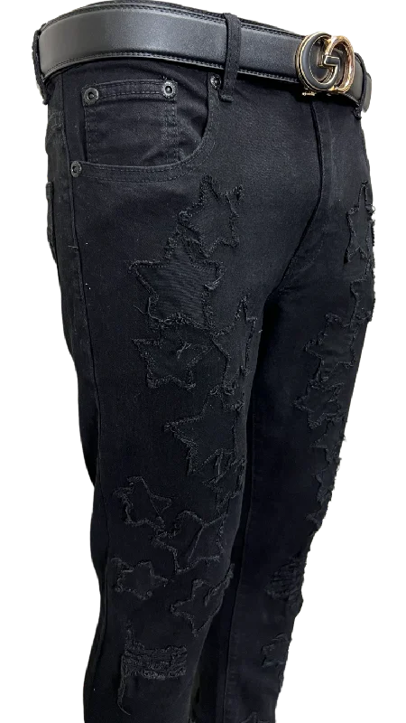 M.Society Black Men's Jeans with Stars Fashion Design Skinny-Fit Stretch Fabric