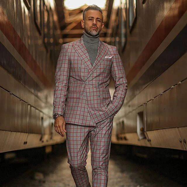 Red Plaid Double-Breasted 2-Piece Suit For Men