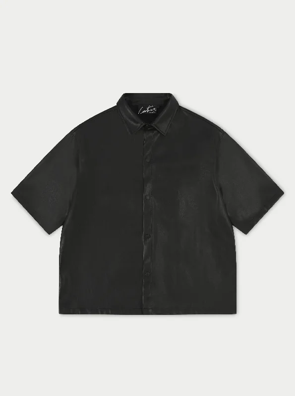 SHORT SLEEVE BOXY LEATHER SHIRT - BLACK