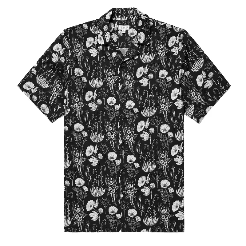 Sunspel Leaf Print Camp Collar Shirt Black